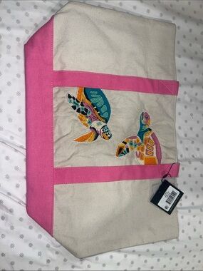 America & beyond Canvas Tote Bag with Pink Trim and Colorful Turtle Embroidery